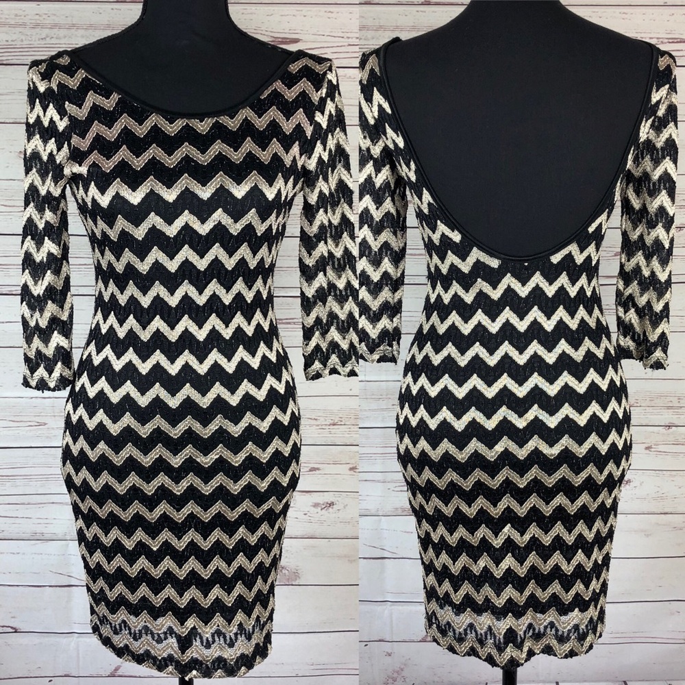 FOREIGN EXCHANGE bodycon gold black chevron dress
